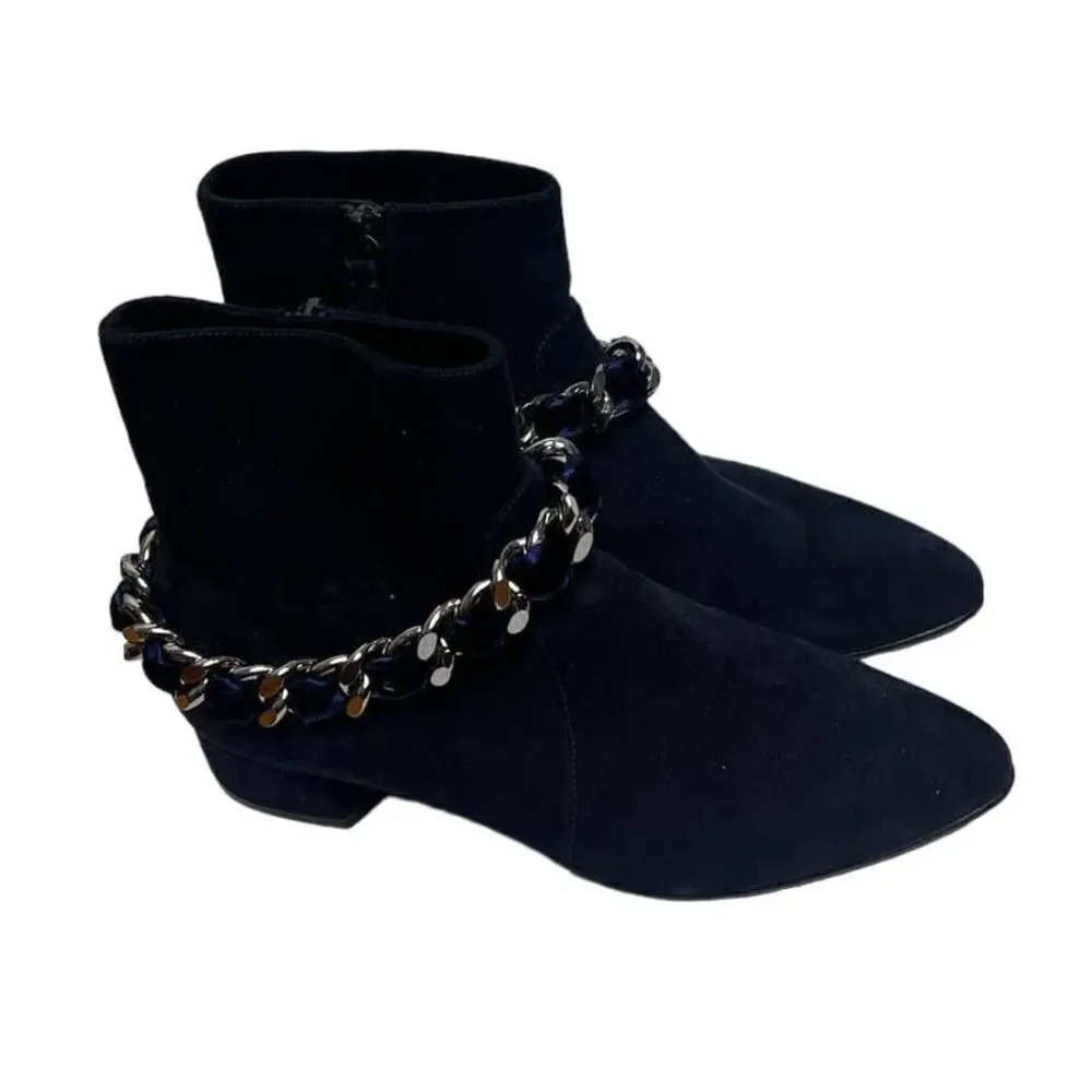 Casadei Dark Navy Suede Ankle Boots with Chain Sz. 36.5 (US 6.5)